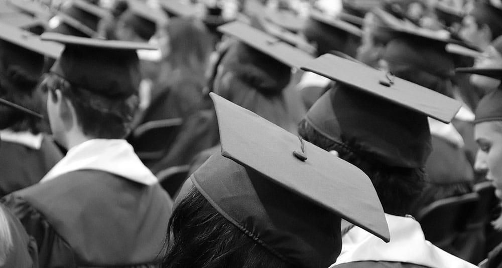 Black and white photo of graduates