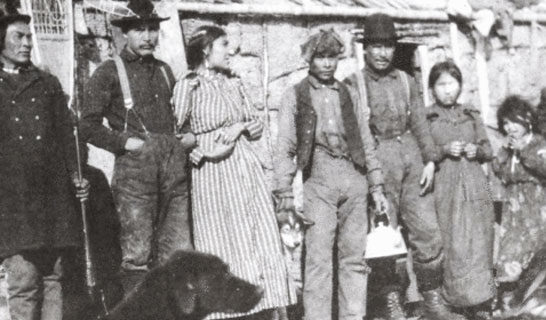 Black and white photo of the shaman and group of people