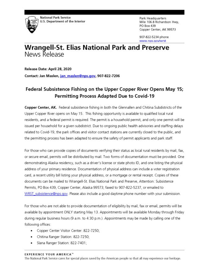 Wrangell-St. Elias National Park and Preserve News Release - Page 1