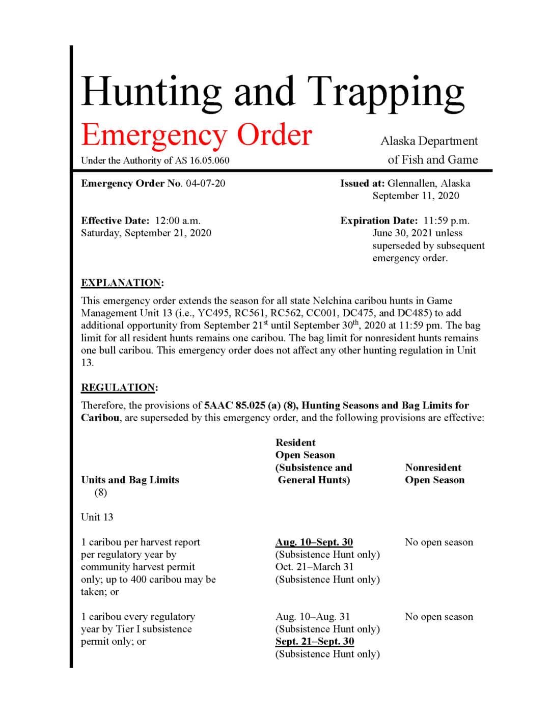 Hunting and Trapping Emergency Order