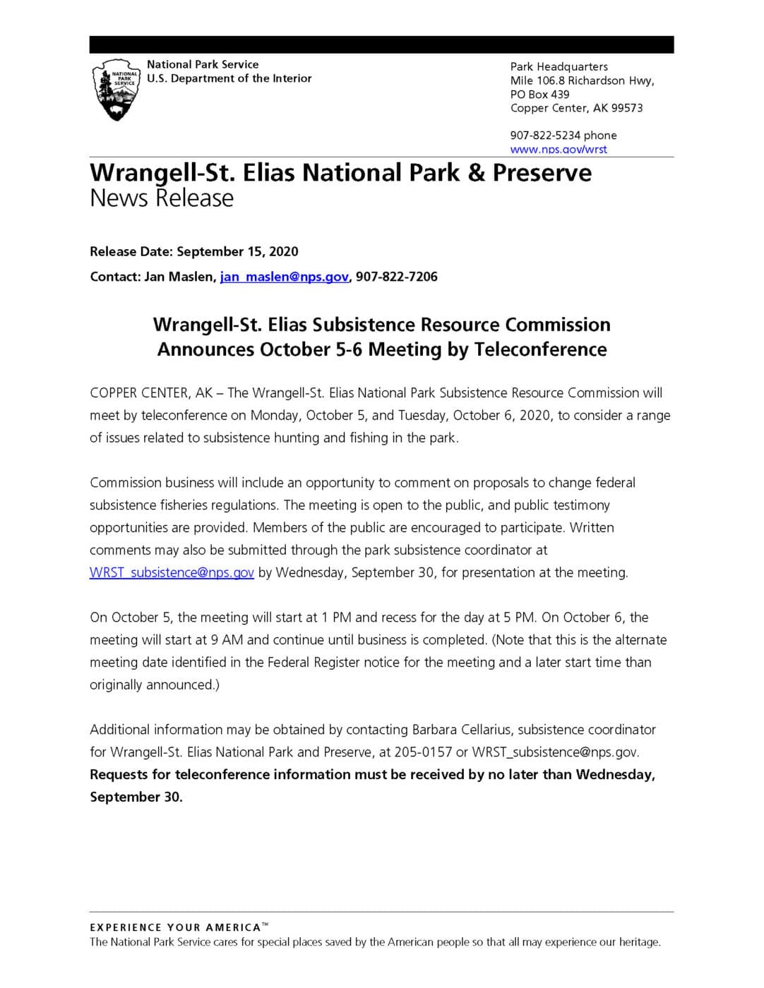 Wrangell - St. Elias National Park and Preserve News Release