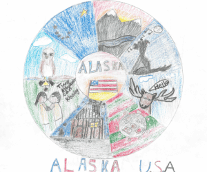 Lena's art work, drawing of Alaska animals and Alaska symbols in a circle