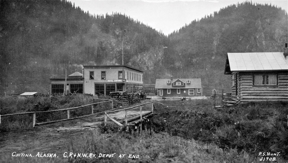 Old black and white photo of Chitina town