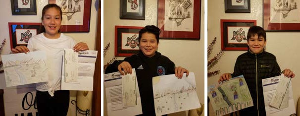 Individual pictures of Ruby, Jake and Max Tansy holding their art that was selected for the 2020 Ahtna
Calendar.