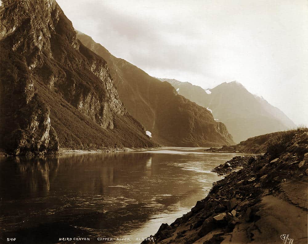 Landscape of Baird Canyon, Copper River Alaska in sepia tones
