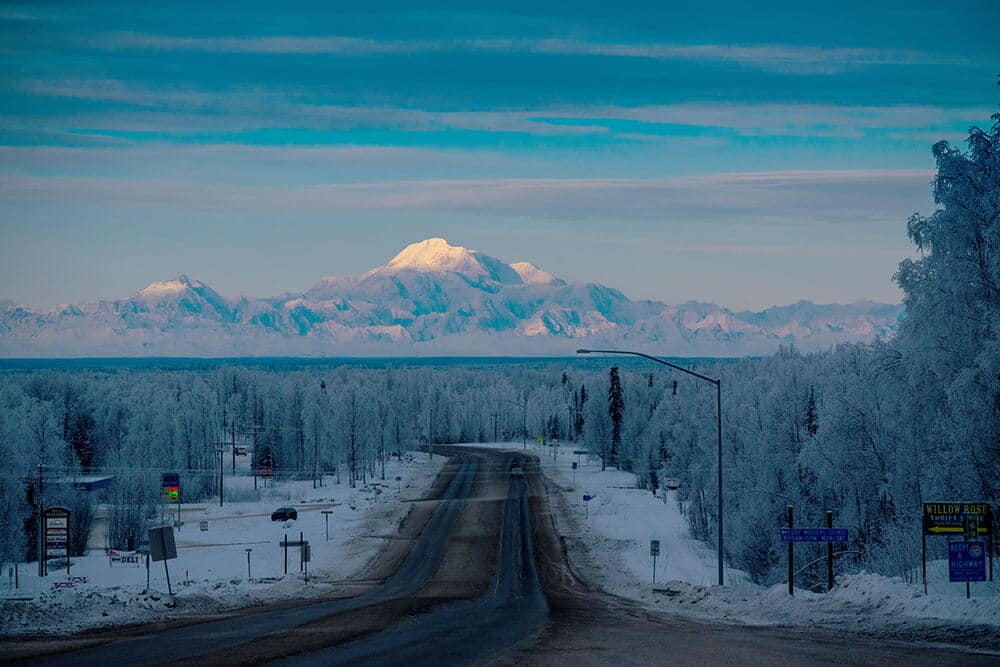 Winter photo of Cantwell with view of Denali
