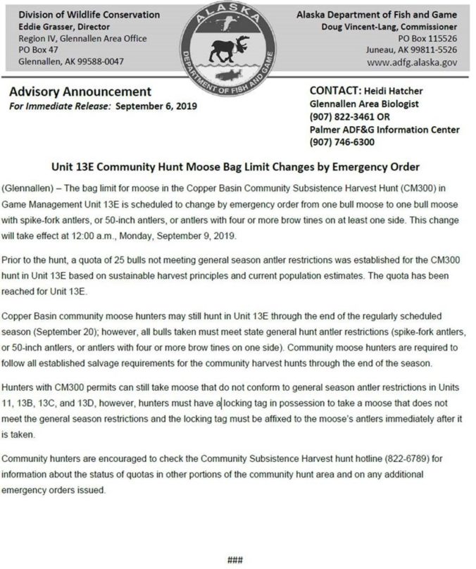 Unit 13E Community Hunt Moose Bag Limit Changes by Emergency Order