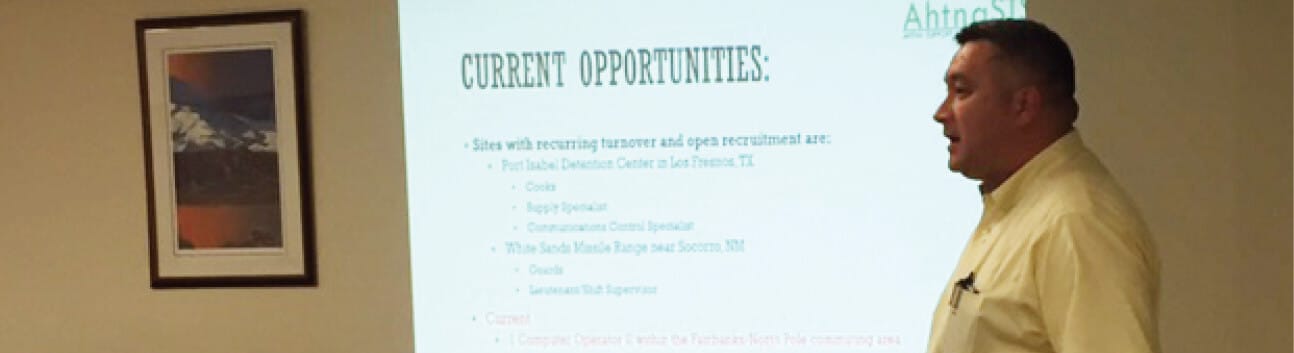 Ahtna Support & Training Services Operations Manager Donald “Jay” Neal speaks to shareholder-owners about job opportunities